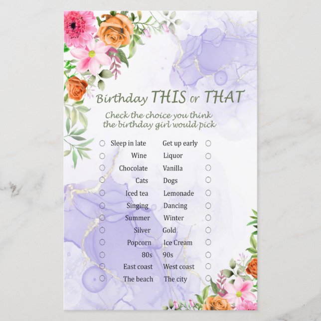 Jogo de Aniversário de Flores Rosas This or That (Frente)