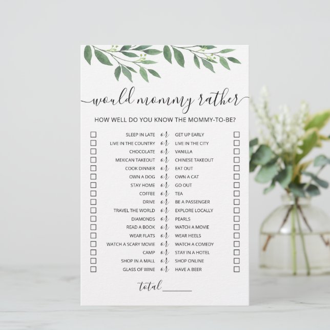Jogo de Baby Shower 'O que a Mamãe Preferiria' (Em pé/Frente)