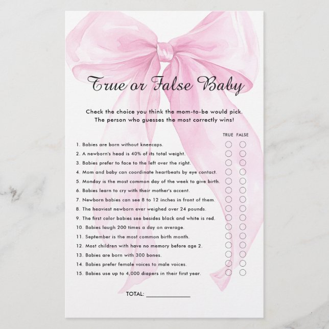 Jogo de Baby Shower Verdadeiro ou Falso com Laço d (Frente)