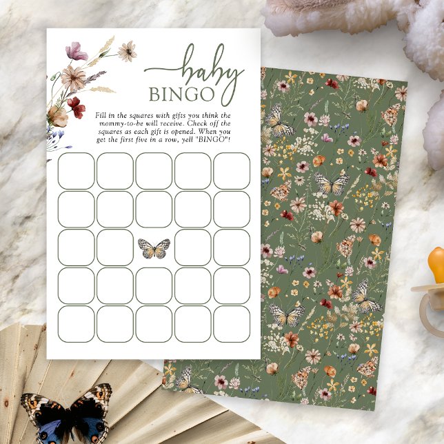 Jogo de Bebê de Boho Verde (Sage Green Boho Floral Baby Bingo Game Card with Butterfly by Painted Paperie
)
