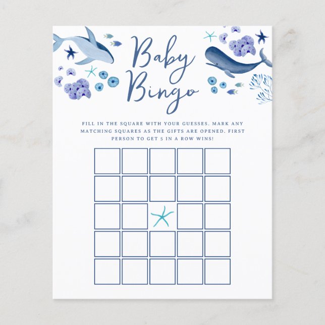 Jogo de Bingo Bebê Baleia Menino Azul Sob o Mar (Frente)