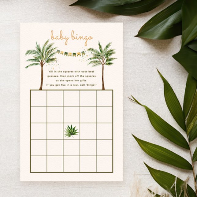 Jogo de Bingo Bebê Palmeira da Selva Churrasco de  (baby bingo card for a tropical baby shower party. Green and brown, gender neutral colors)