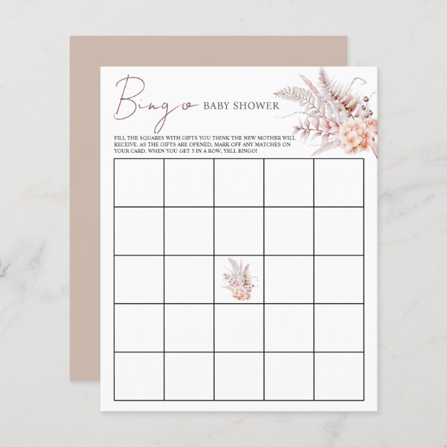 Jogo de Bingo Boho Floral Bege para Chá de Bebê (Frente/Verso)