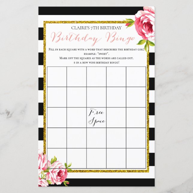 Jogo de Bingo da Rapariga de Aniversário (Frente)