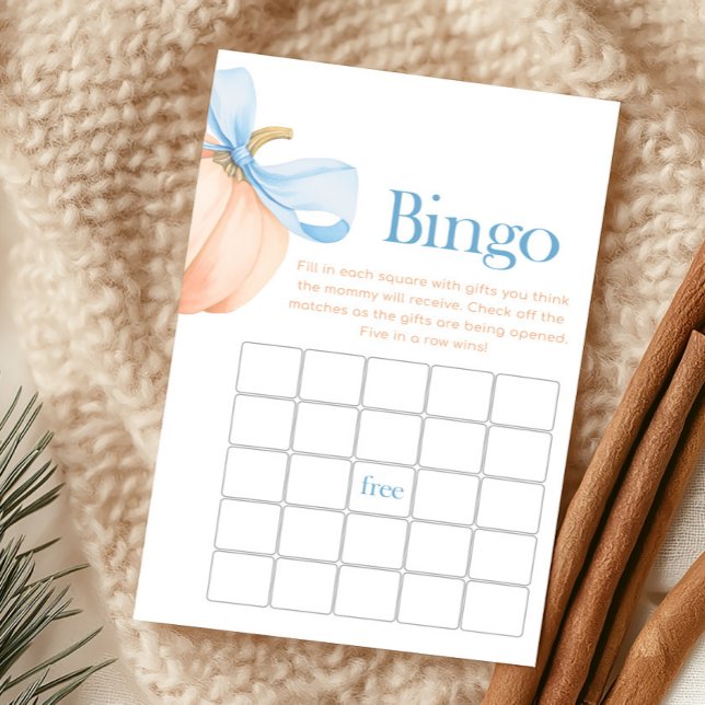 Jogo de Bingo de Abóbora Laranja com Laço Azul (Little Pumpkin Bow Baby Shower Bingo Game)