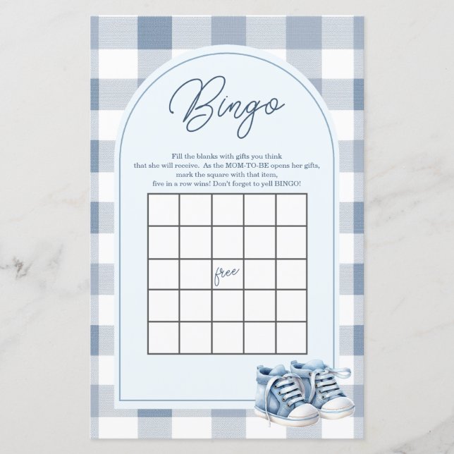 Jogo de Bingo de Chá de Bebê Xadrez Sapatos Azuis  (Frente)