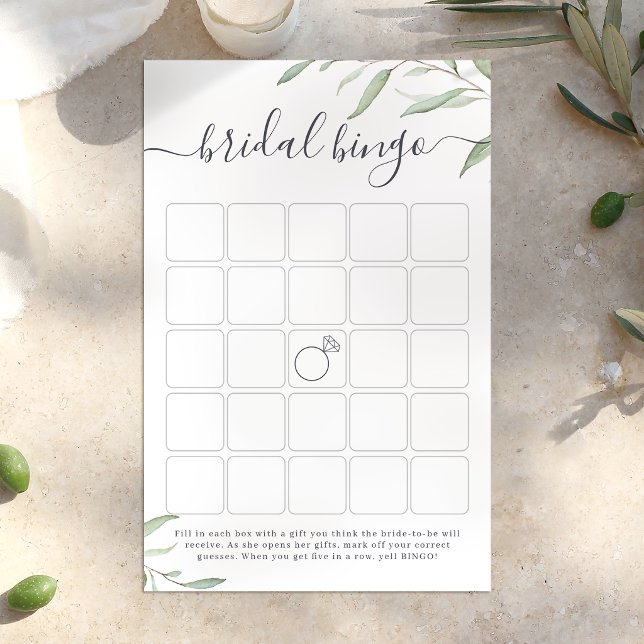 Jogo de bingo de chá de noiva com vegetação minima (Minimal greenery bridal shower bingo game)