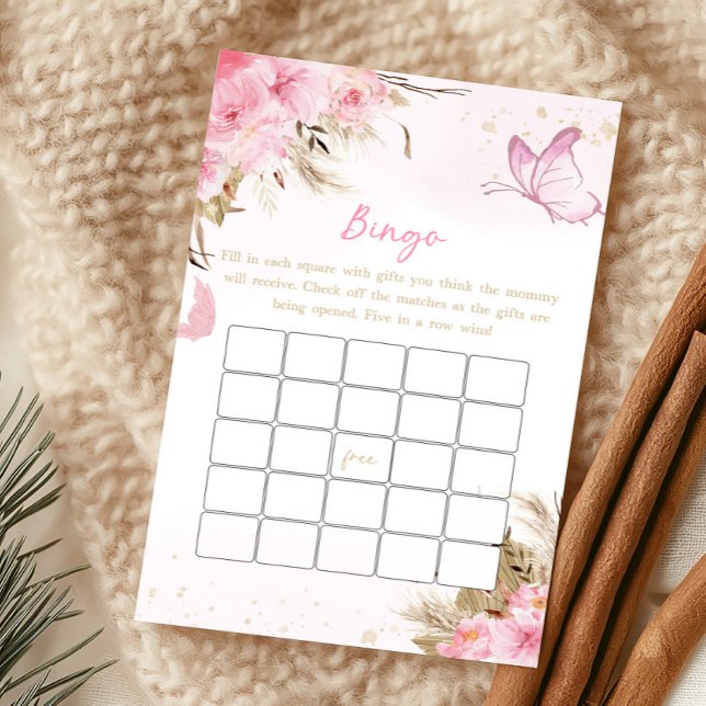 Jogo de Bingo de Chuvinha de Bebê Floral Borboleta (Pink Butterfly Baby Shower Bingo Game)