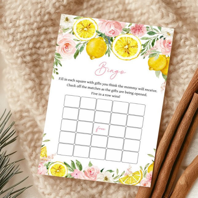 Jogo de Bingo de Chuvinha de Bebê Floral Rosa (Summer Lemon Citrus Baby Shower Bingo Game)