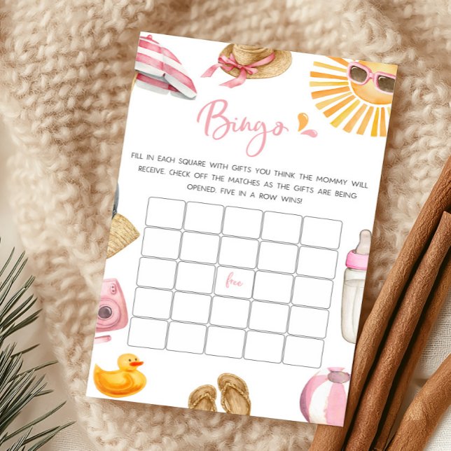 Jogo de Bingo de Chuvinha Rosa para Chá de Bebê (Girl Summer Beach Baby Shower Bingo Game)