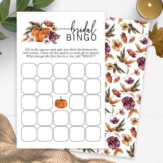 Jogo de Bingo de Noiva de Outono (Fall Bridal Bingo Game Fall In Love Bridal Shower Pumpkin Florals by Painted Paperie)