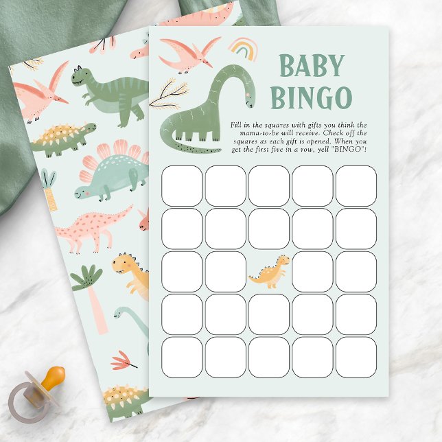 Jogo de Bingo do Bebê Dinossauro (Green Dinosaur Theme Baby Shower Bingo Game Card by Painted Paperie
)