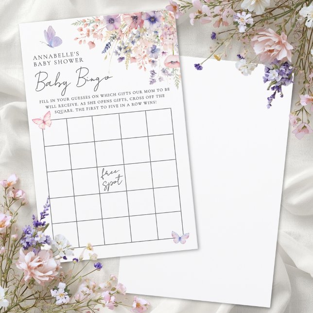 Jogo de Bingo para Chá de Bebê Borboleta Flor Silv (Butterfly Wildflower Baby Shower Bingo Game)