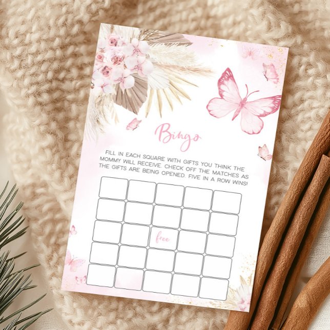 Jogo de Bingo para Chá de Bebê Borboleta Rosa (Girl Butterfly Pampas Grass Baby Shower Bingo Game)
