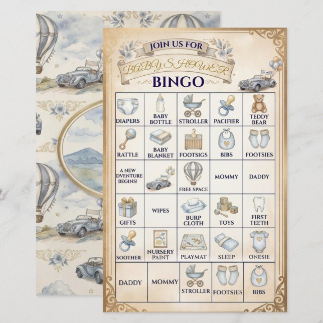 Jogo de Bingo para Chá de Bebê com Balão de Ar Que (Frente/Verso)
