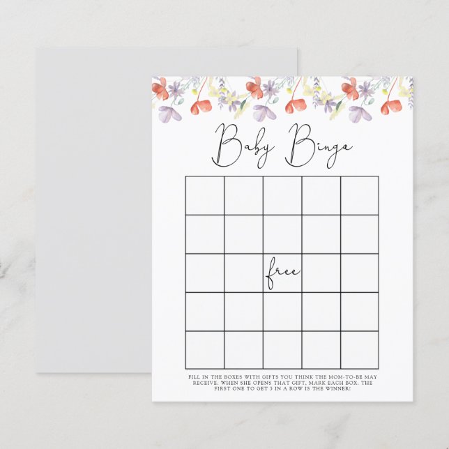 Jogo de bingo para chá de bebê com flores silvestr (Frente/Verso)