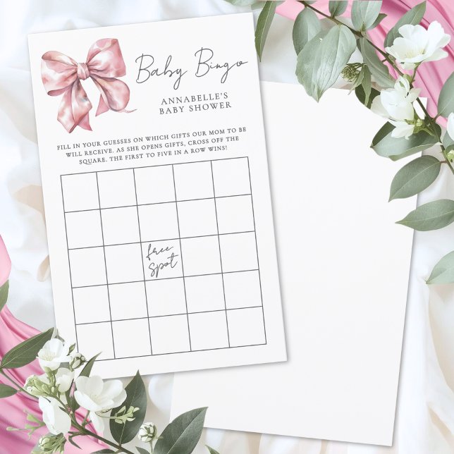 Jogo de Bingo para Chá de Bebê com Laço Rosa (Pink Bowl Baby Shower Bingo Game)