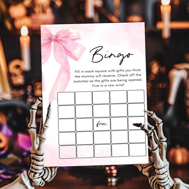 Jogo de Bingo para Chá de Bebê com Laço Rosa Littl (Girl Coquette Halloween Baby Shower Bingo Game)