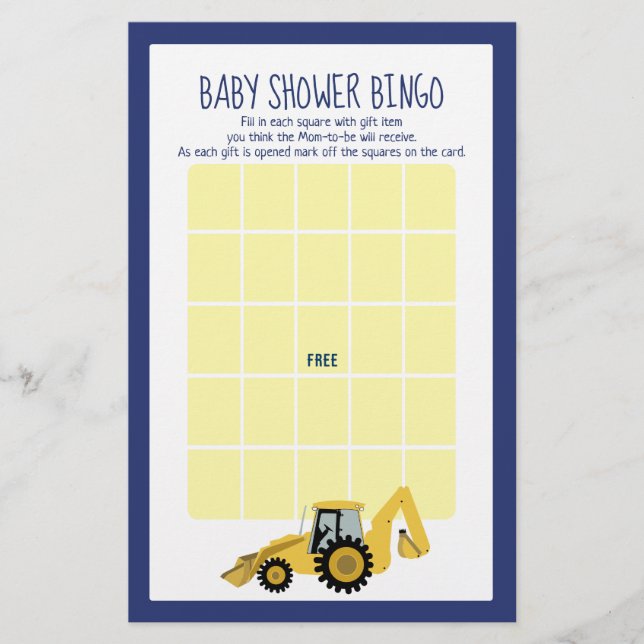 Jogo de Bingo para Chá de Bebê com Retroescavadeir (Frente)
