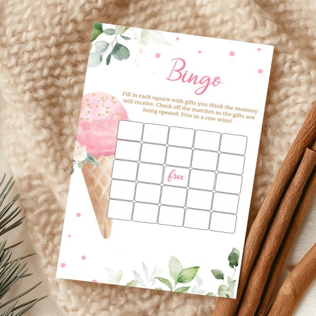 Jogo de Bingo para Chá de Bebê com Sorvete Rosa (Girl Ice Cream Baby Shower Bingo Game)
