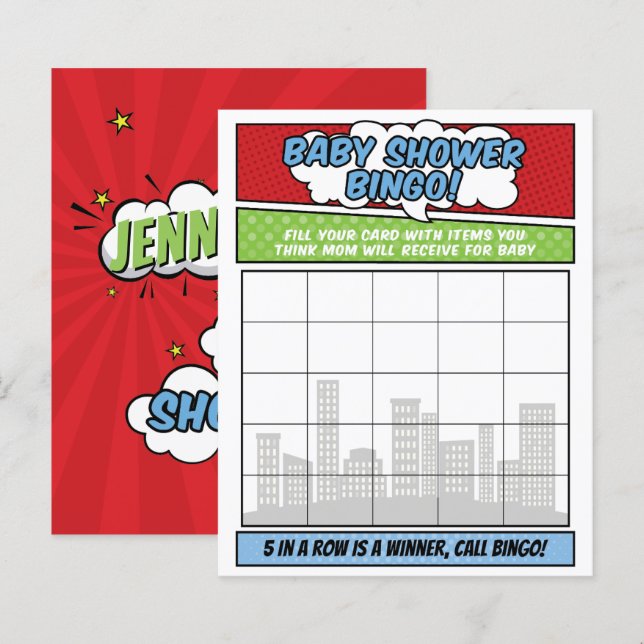Jogo de Bingo para Chá de Bebê com Super-Herói de  (Frente/Verso)