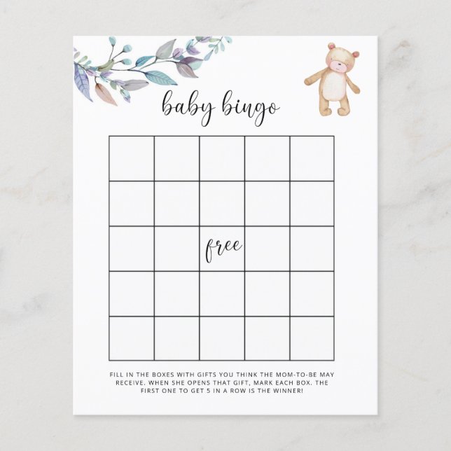 Jogo de bingo para chá de bebê com tema de florest (Frente)