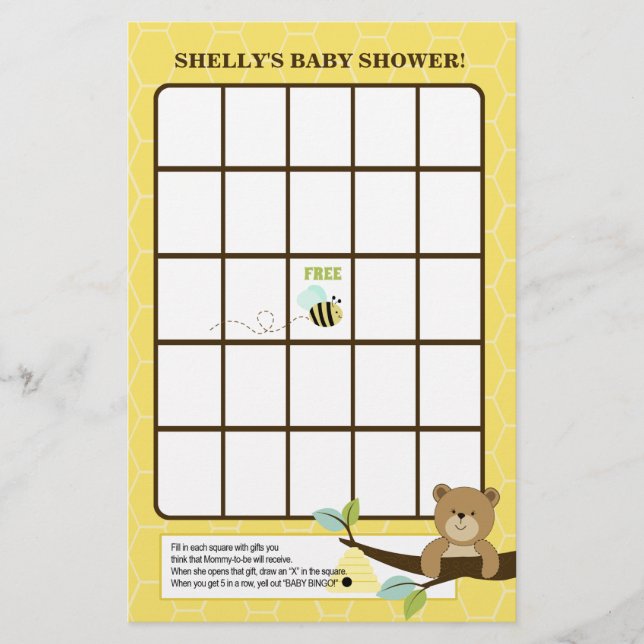 Jogo de Bingo para Chá de Bebê do Urso Mel e Abelh (Frente)