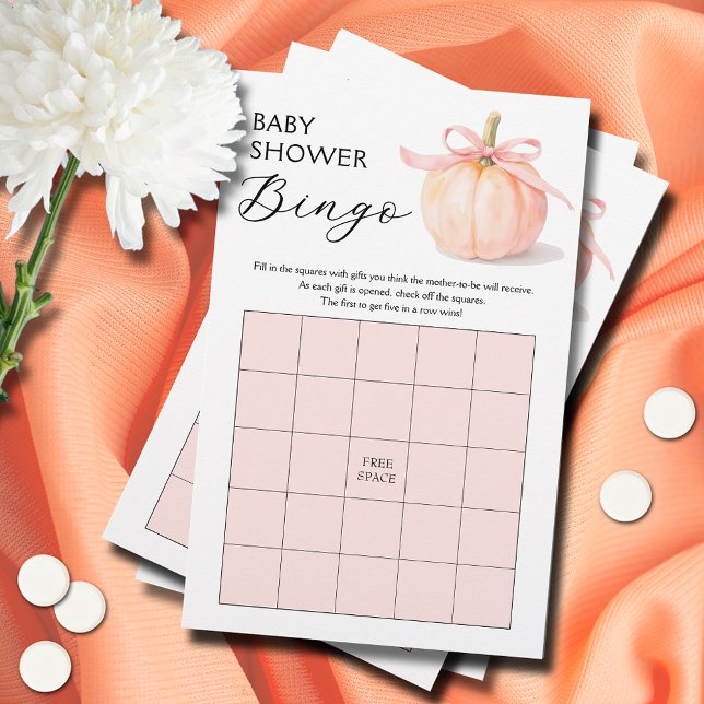 Jogo de Bingo para Chá de Bebê Menina com Abóbora  (Pink ribbon and bow pumpkin girl baby shower bingo game cards)