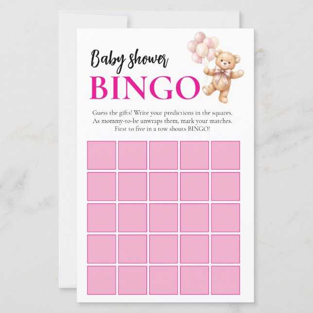 Jogo de Bingo para Chá de Bebê Urso Teddy Rosa (Frente)