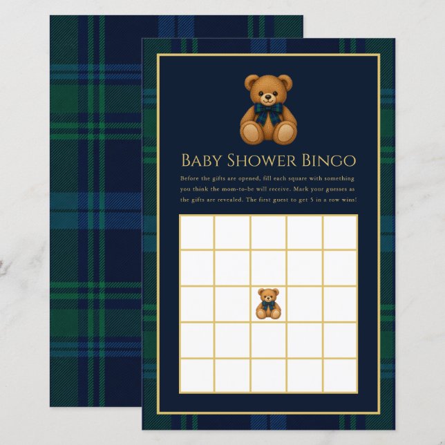 Jogo de Bingo para Chá de Bebê Xadrez de Urso Tedd (Frente/Verso)