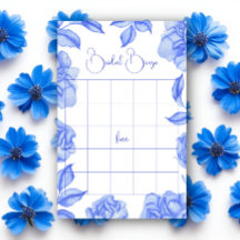 Jogo de bingo para chá de noiva com flores azuis