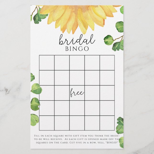 Jogo de bingo para chá de noiva com girassóis em a (Frente)