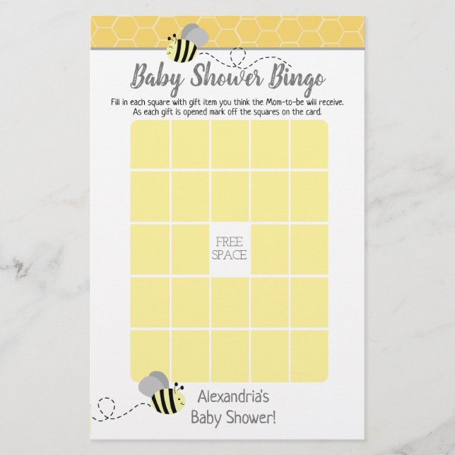 Jogo de Bingo para Chás de Bebê com Abelha Bumble  (Frente)