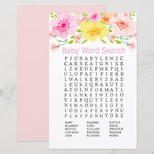 Jogo de caça-palavras para chá de bebê com flores 