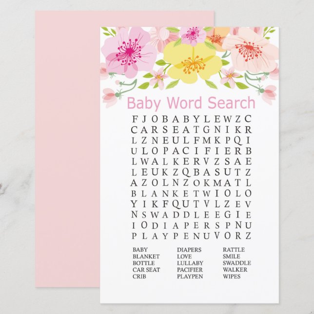 Jogo de caça-palavras para chá de bebê com flores  (Frente/Verso)