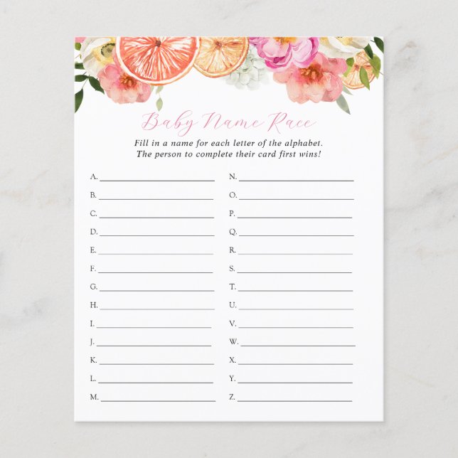 Jogo de Chá Corrida de Nomes de Bebê Citrino Rosa (Frente)