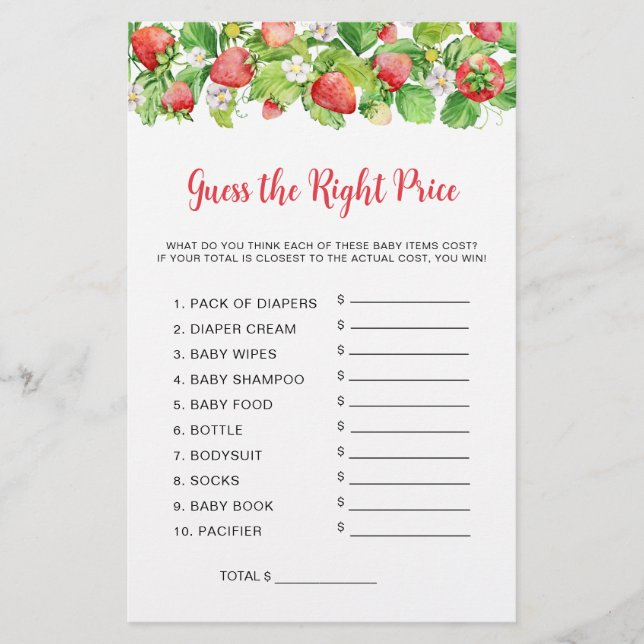 Jogo de Chá de Bebê Adivinhe o Preço do Morango (Frente)