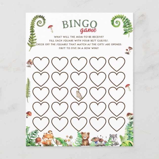 Jogo de chá de bebê de animais da floresta Bingo (Frente)