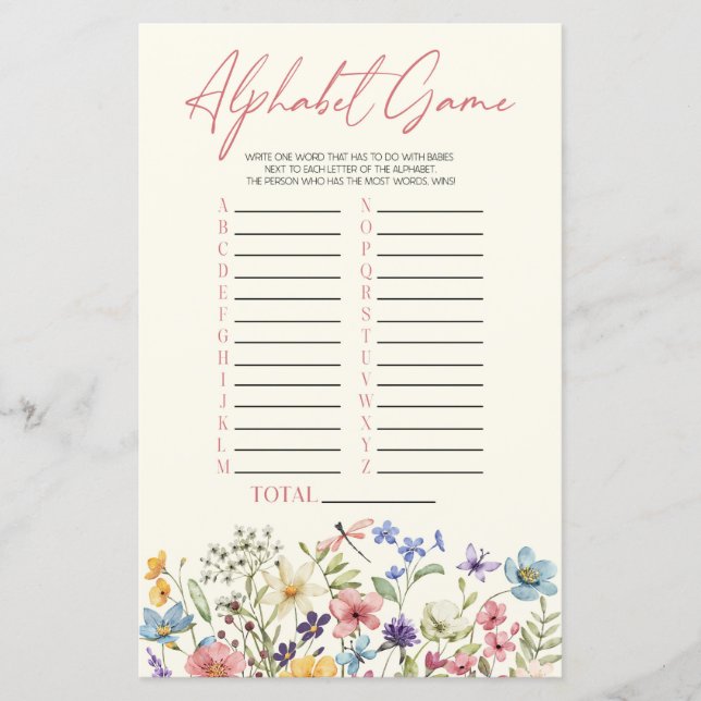 Jogo de Chá de Bebê do Alfabeto Floral de Flores S (Frente)
