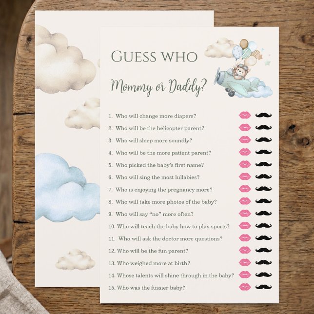 Jogo de Chá de Bebê Mamãe ou Papai Urso Aviador (Guess Who Mommy or Daddy Game Bearly Wait Boy)