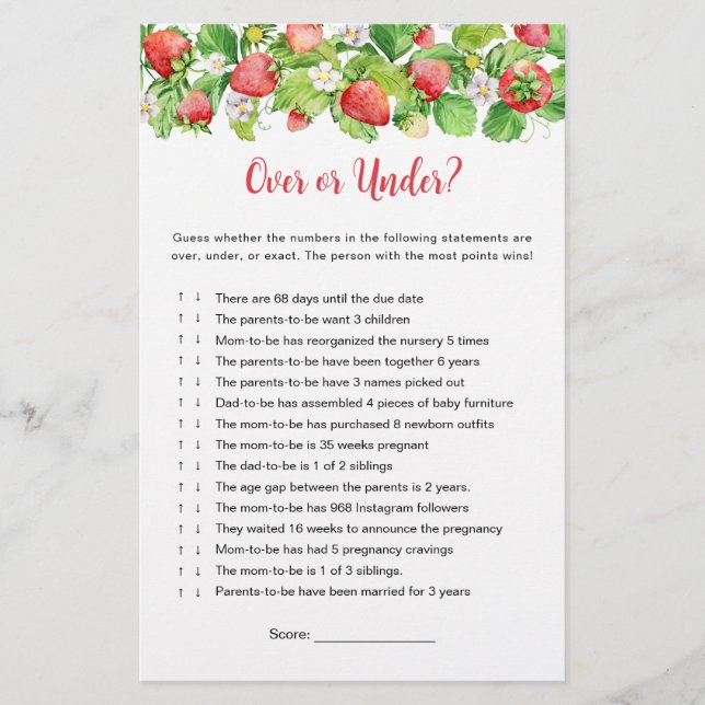 Jogo de Chá de Bebê Morango Acima ou Abaixo (Frente)