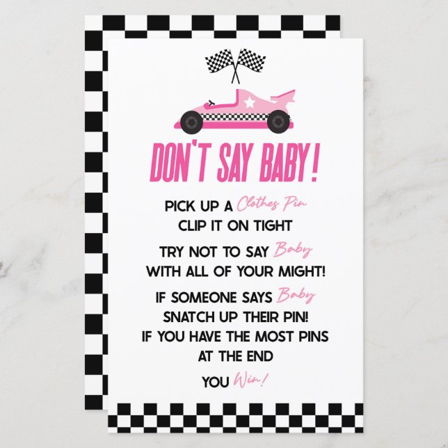 Jogo de Chá de Bebê Não Diga Bebê Carro de Corrida (Frente/Verso)