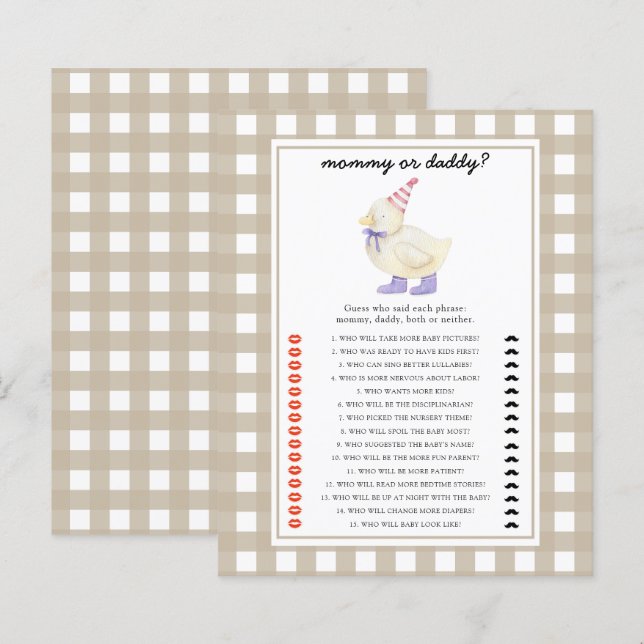 Jogo de chá de bebê 'Patozinho - mamãe ou papai' (Frente/Verso)