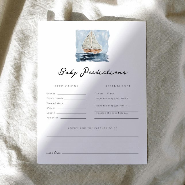Jogo de Chá de fraldas das previsões náuticas de v (Nautical watercolor sailboat chic baby shower baby predictions game.)