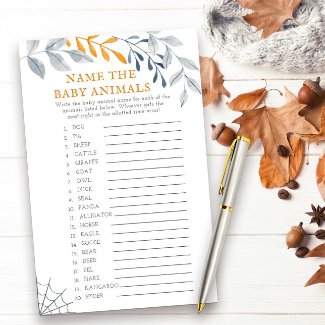 Jogo de Chá de fraldas de Bebês do Halloween (Baby Animals halloween themed baby shower game with fall leaves and cobweb)