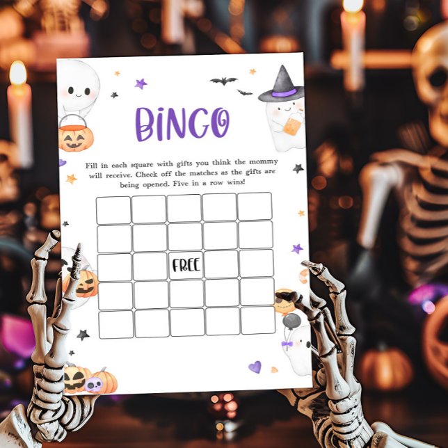 Jogo de Chá de fraldas de Bingo de Halloween Roxo (Baby is Brewing Baby Shower Bingo Game)