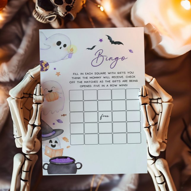 Jogo de Chá de fraldas de Bingo de Halloween Roxo (A Little Boo Baby Shower Bingo Game
)