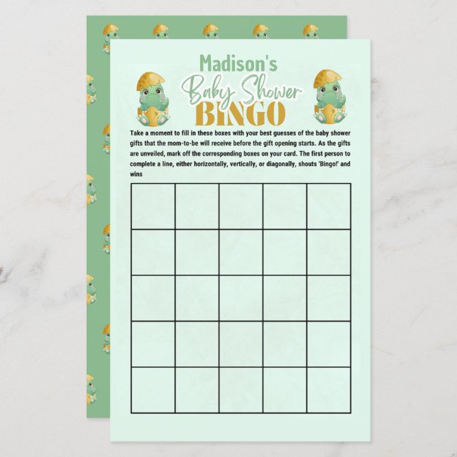 Jogo de Chá de fraldas Dino Bingo Personalizado (Frente/Verso)