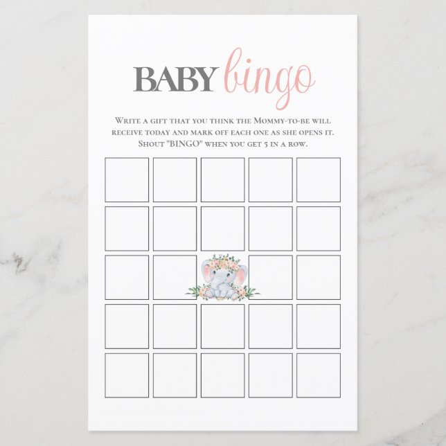 Jogo de Chá de fraldas do Bingo, Elefante Floral R (Frente)