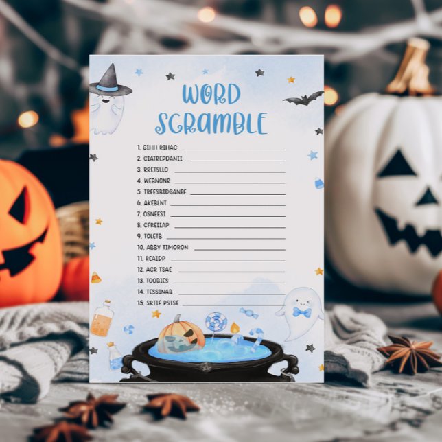 Jogo de Chá de fraldas do Boo-oy Halloween (Blue Oh Sheet Baby Shower Word Scramble Game)